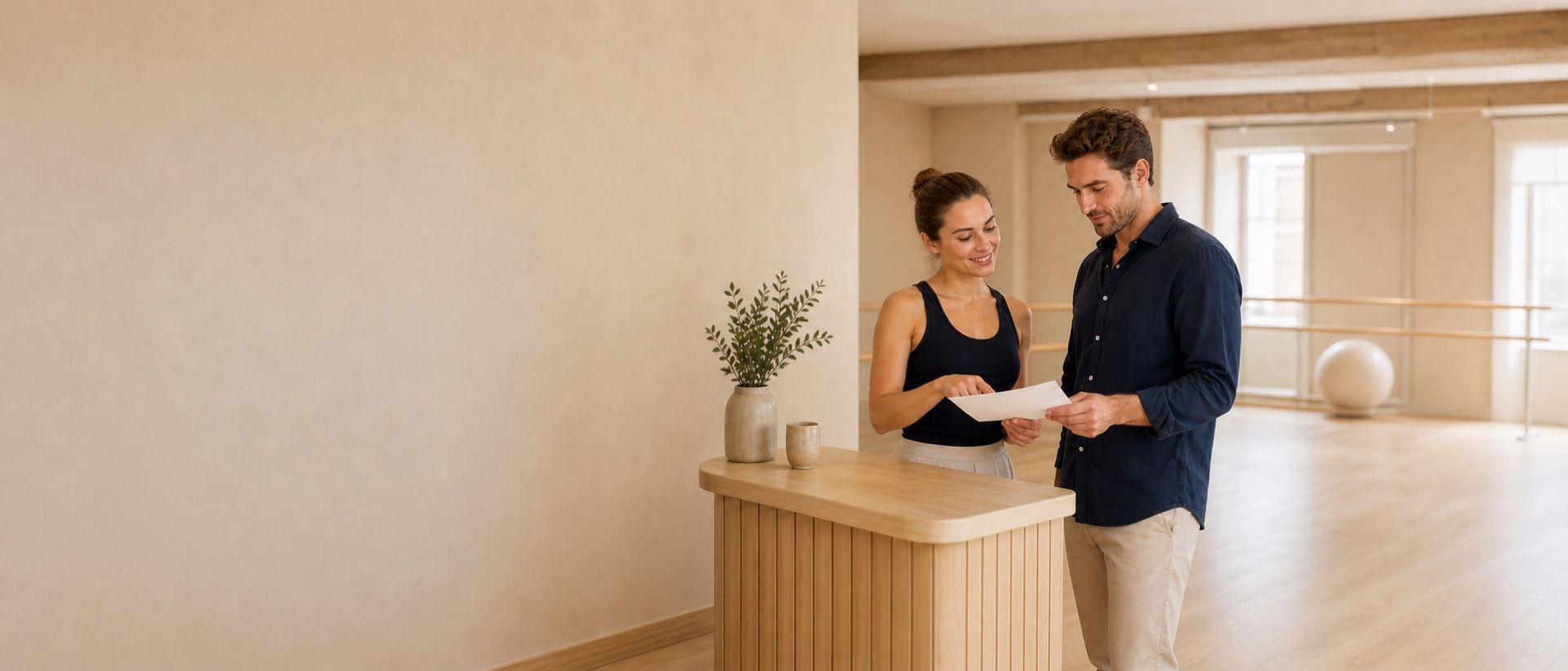 Zwei Personen besprechen Unterlagen im hellen La-Danza-Studio als Bildmotiv für Referenzen